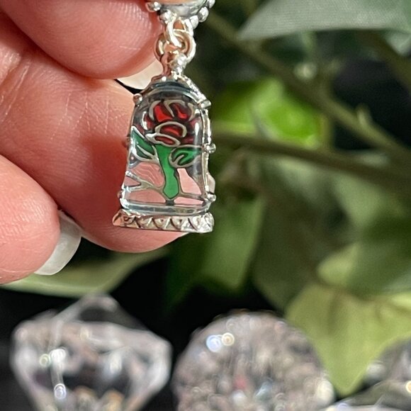 Disney Beauty Beast Dangling Charm Glass Rose Belle Princess Bracelet Silver - Picture 6 of 11